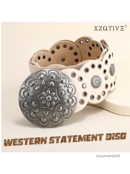 Faux Leather Western Belt with Concho Discs Adjustable Wide Belt for Dresses main image 4